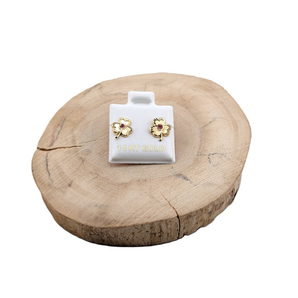 14K Solid Gold Three Leaf Clover Stud Earrings with Pink CZ Shamrock jewelry - Picture 3 of 10